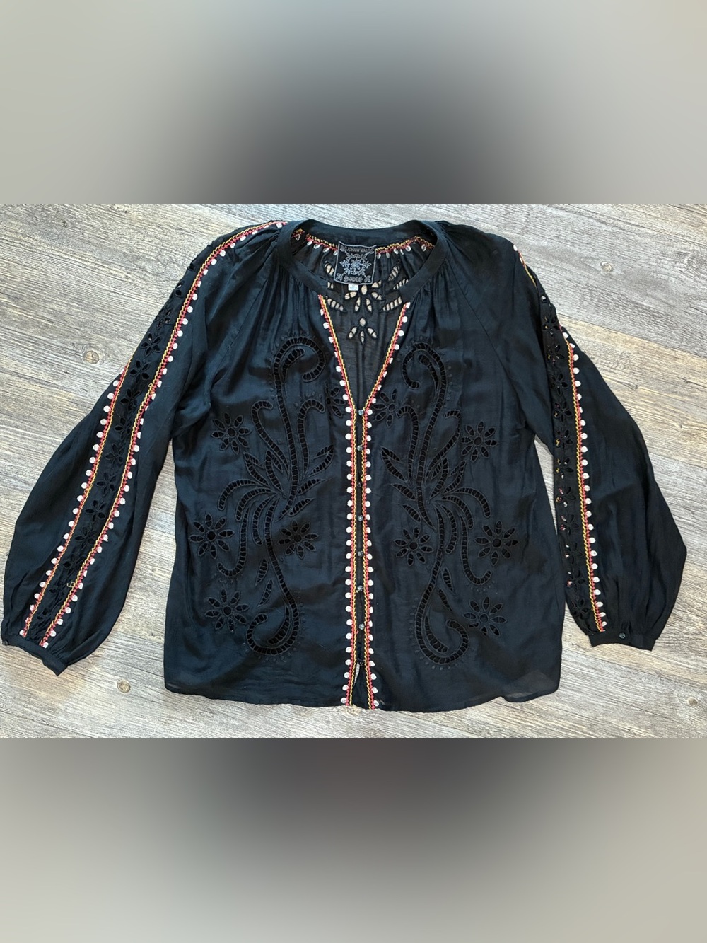 Johnny Was Jade Rosa Boho Embroidery Peasant Blouse Balloon Sleeves Medium